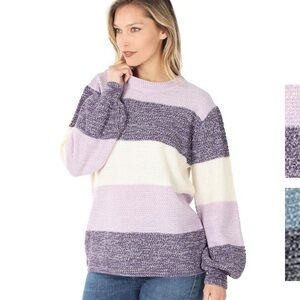 Zenana Womens Colorblock Balloon Sleeve Knit Sweater Lilac size XL